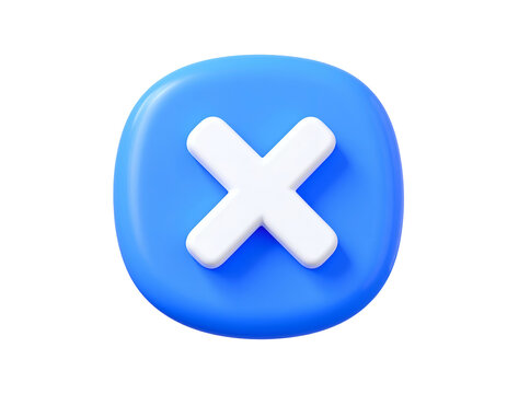 A glossy blue button with a white X symbol, 3D rendered against a black background