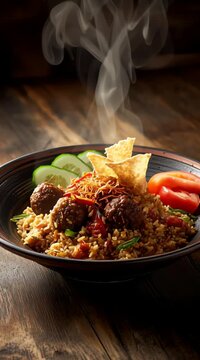 Authentic Indonesian Nasi Goreng Bakso - Cinematic Static Close-up of Savory Fried Rice with Steaming Meatballs