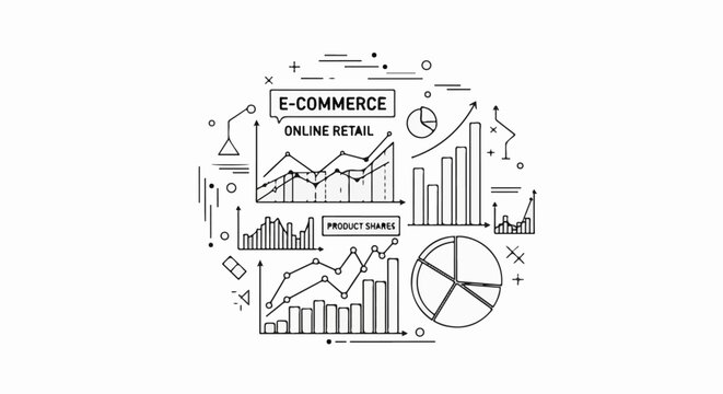 Hand-drawn doodle illustrations of e-commerce and online retail charts