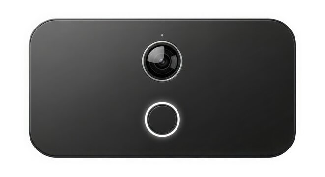 close-up of a black smart doorbell with camera and button