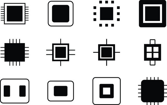 Collection of stylized black electronic chip and component icons presented in a grid arrangement on a white background