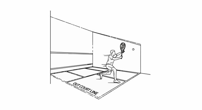 Line art of athlete playing squash in a court