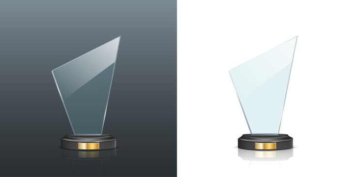 Glass award trophy set. Crystal winner prizes. Acrylic winner cups. Realistic vector illustration collection of trophy for sport competition, business achievement, recognition, celebration ceremony.