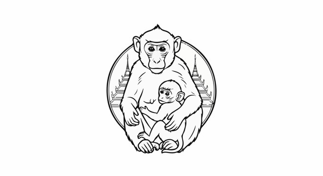 Mother and infant monkey embrace within a circle containing Asian pagodas