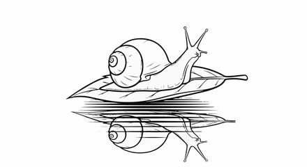 Outline of a snail on a leaf with a distorted reflection © acil
