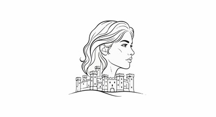 Profile portrait of a woman's head emerging from a castle © acil