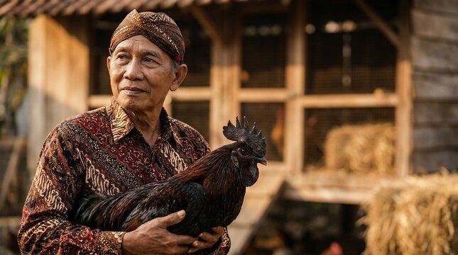 Elderly Javanese man in traditional attire holding a black rooster on a farm.
