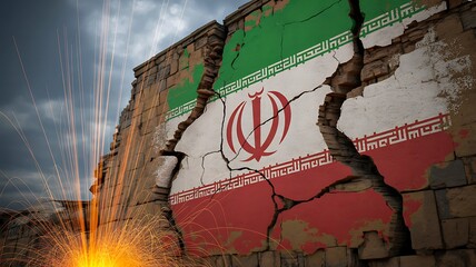Obraz premium Iran flag on cracked wall with dramatic sky political conflict crisis concept