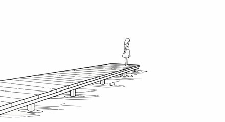 Solitary figure stands on weathered wooden pier over calm water © acil