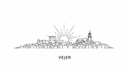 Fototapeta premium Stylized outline of a historic town with a sunburst and bell tower