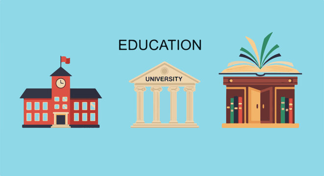 Three illustrative buildings symbolizing educational institutions with an open book above