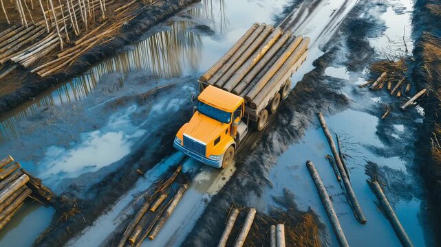 Truck moves along a muddy road carrying logs with trees on either side in a forested area during the day