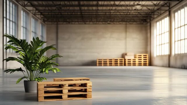 An industrial space features wooden pallets stacked in the background with a plant placed in front during daylight hours