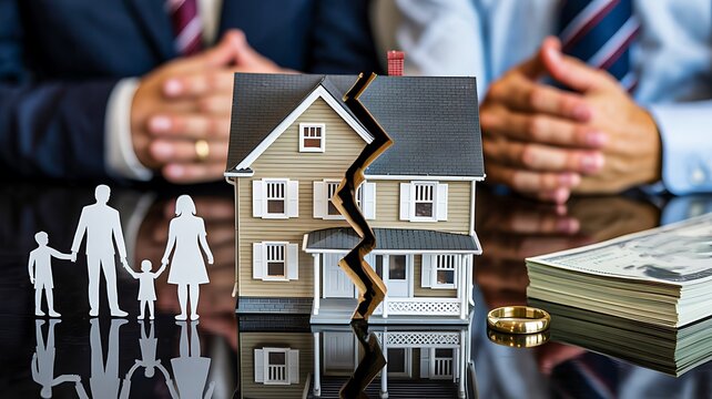 Broken house model with family figures divorce separation property dispute concept