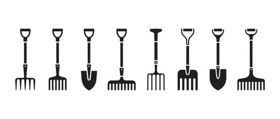 Set of farming hand tools. featuring shovels and rakes for gardening tasks, flat vector illustration. © CreatetiveDesignX