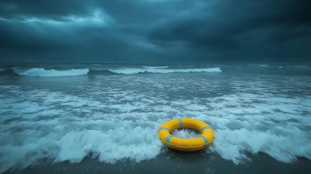 A lifebuoy sits on the wet sand as waves roll in at the beach during a stormy evening with dark clouds in the sky
