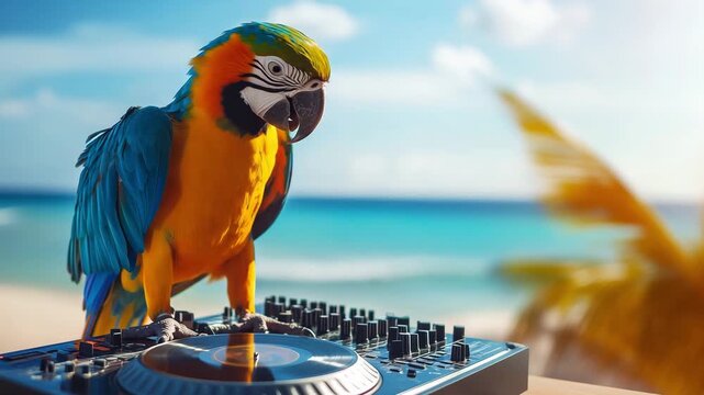 A parrot interacts with a DJ mixer on a beach while sun shines and waves break in the background