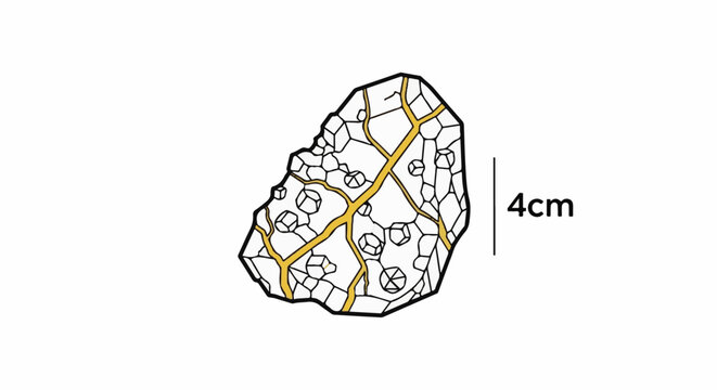 Detailed illustration of a geode fragment with golden veins and crystalline inclusions
