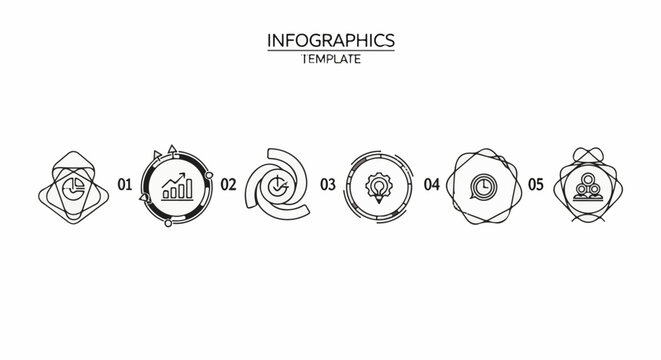 Infographic template with five numbered circular icons representing data, process, idea, time, and team