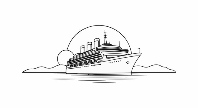 A black and white drawing of a large cruise ship sailing on the water at sunset