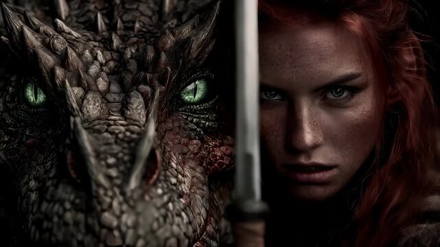 Fantasy wallpaper. A dramatic portrayal of a woman with striking red hair and freckles, holding a sword in her right hand. She stares intently at a dragon with intricately detailed scales.