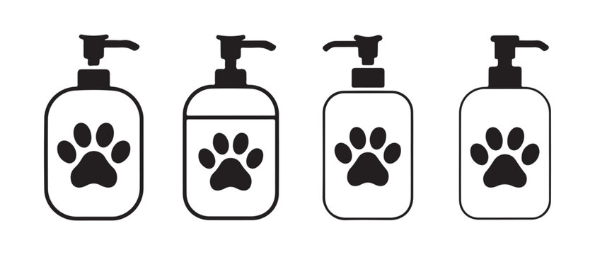 Pet shampoo and liquid soap pump bottles with paw print icons for grooming, vector illustration.
