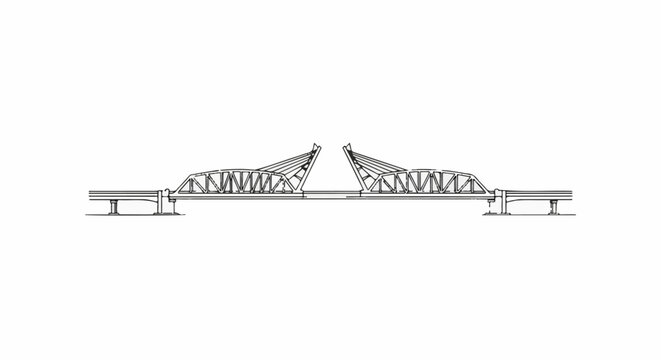 Drawing of a bascule bridge in an open position, showing supporting structures