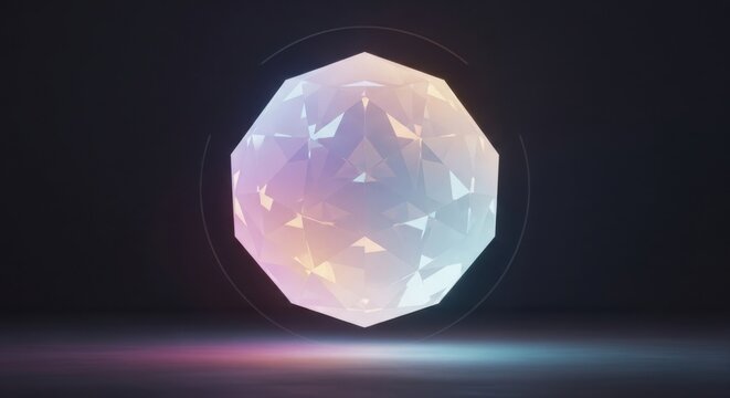 Luminous multifaceted crystal glowing with ethereal rainbow light against a dark background