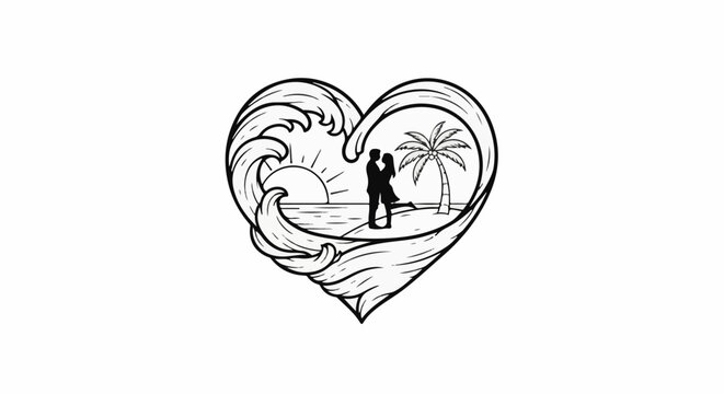 A couple embraces on a tropical island inside a heart shaped wave