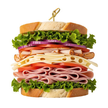 A gourmet triple decker club sandwich with ham cheese and fresh vegetables.