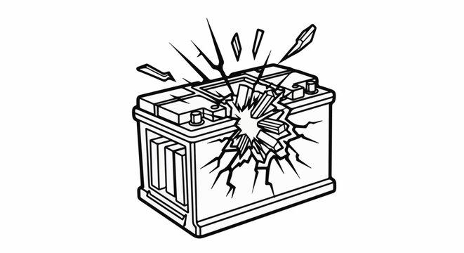 A black and white line drawing of a car battery exploding with fragments flying outwards