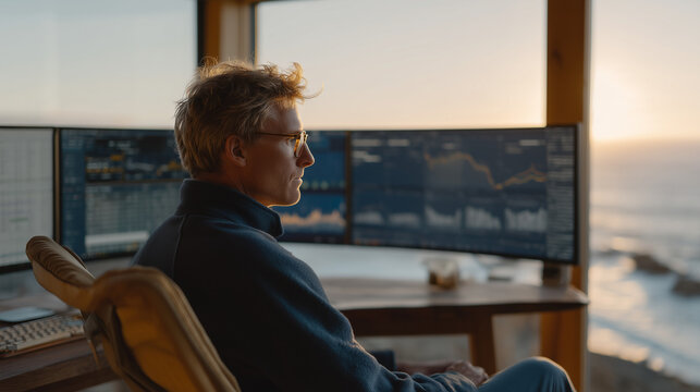 Remote operations manager presenting four-day week pilot results to distributed board via video call, annotated graphs showing output maintained at 94 percent, summer solstice sunset streaming throu