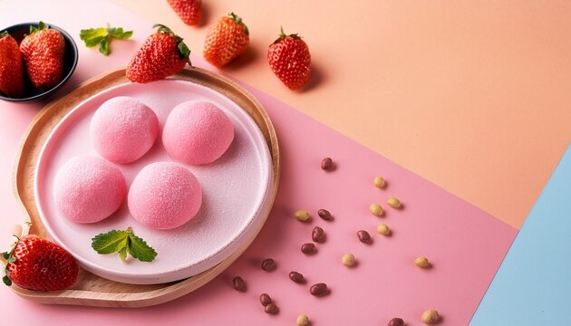 japanese pink mochi sweet chewy dessert rice soy beans and strawberries pop colorful pastel background