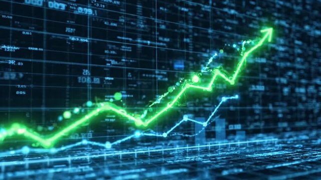 Business growth graph rising upward, glowing line chart animation, digital grid background.