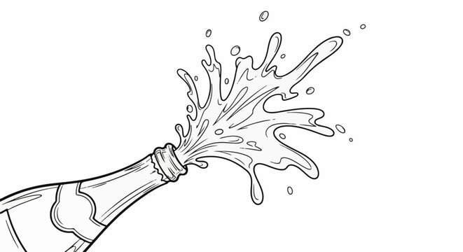 A black and white line drawing of a bottle with a splash of liquid