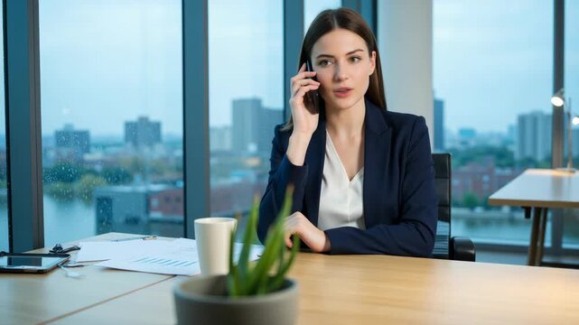 A young woman wearing business attire in an office setting talking on her cell phone.