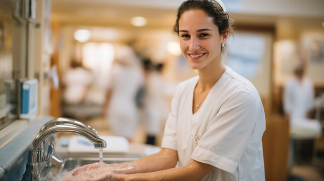 Orthodox Jewish nurse performing ritual handwashing at a hospital sink between patient rounds, mezuzah visible on the staff room doorframe, colleagues of various backgrounds moving through a busy em