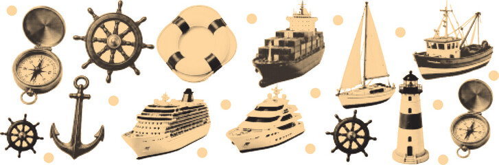 halftone pop art marine transport set with ship yacht sailboat anchor and nautical equipment © SpiximCreation