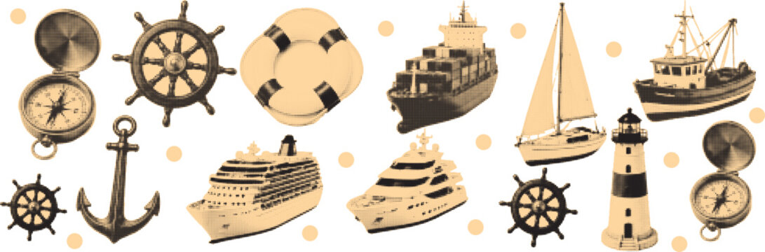 halftone pop art marine transport set with ship yacht sailboat anchor and nautical equipment