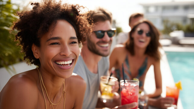 group of friends relaxing at a designer villa poolside with drinks and laughter