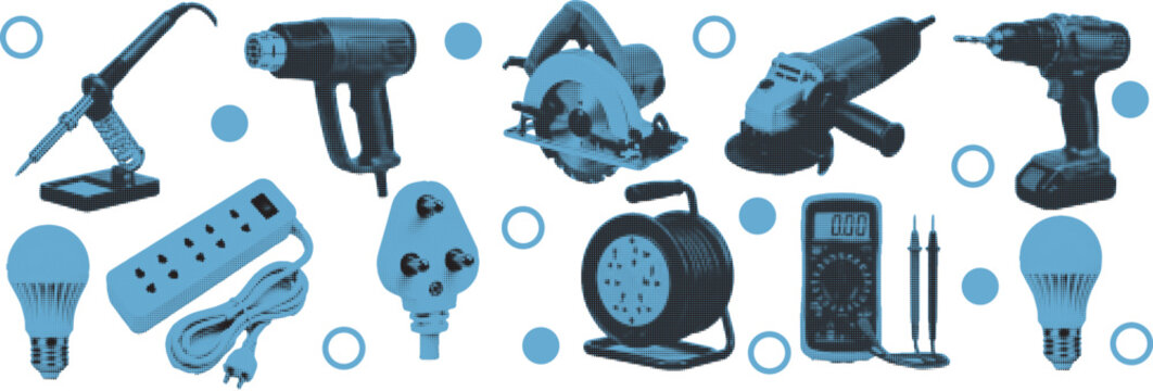 halftone pop art power tools set with drill grinder saw soldering iron and electrical equipment