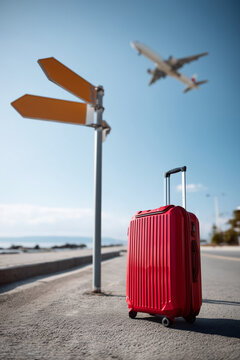 red suitcase and signpost with travel destination, airplane.Tourism and travel concept background