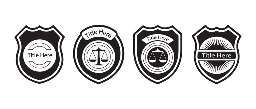Monochrome Shield Badges with Scales of Justice and Blank Banners, a Flat Design Vector Illustration.