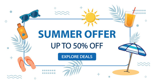 Summer travel sale poster with suitcase passport and tickets template