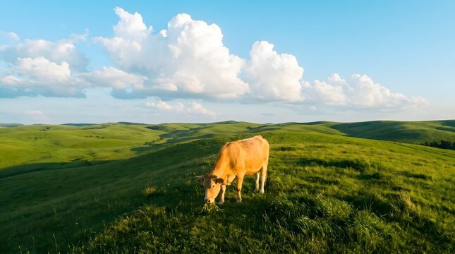 brown cow grazing on lush green hillside under bright summer sky