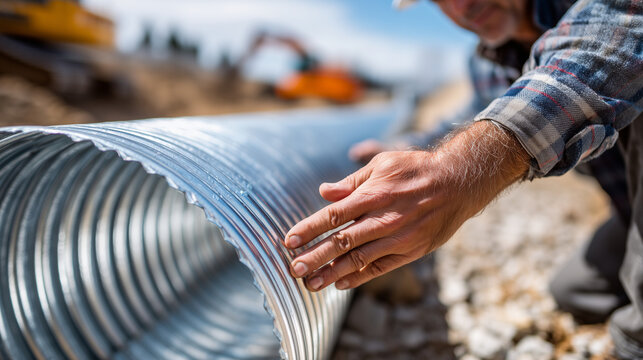 Faceless  hands inspecting the unique ribbed texture of a Corrugated Steel Pipe (CSP) at a construction site, sharp focus on the galvanized metal and skin contact, bright outdo