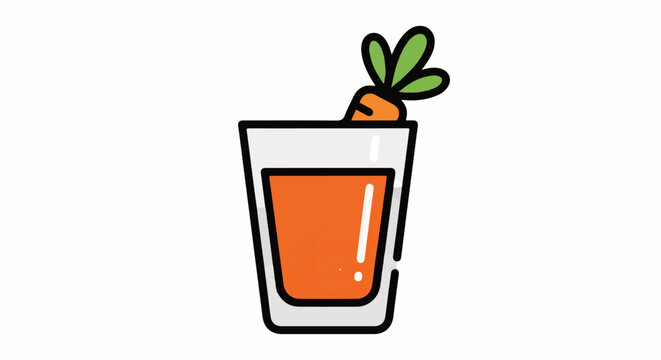 A small glass of orange juice with a carrot and green leaves sticking out