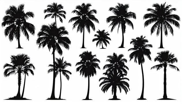 Palm trees silhouettes on white background for summer, vacation and nature design