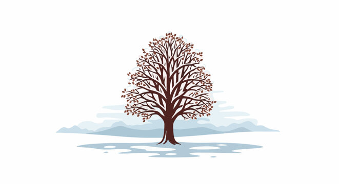 A solitary, bare-branched tree with sparse brown leaves stands tall against a winter landscape