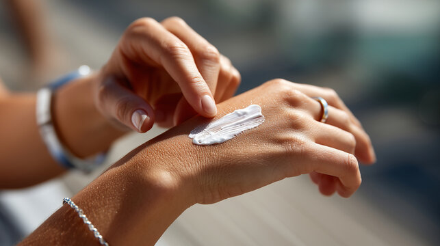 Faceless bare hand applying white sunblock onto the skin of a forearm, sharp focus on the cream strokes and skin pores, harsh summer sunlight and shadows